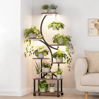 Produktbild von Pflanzenregal mit Pflanzenlampe und 4 Rollen, 8 Ebenen, 159 cm hoch, Zimmerpflanzenregal, Blumenständer, Pflanzenregal aus Metall und Holz für drinnen und draußen - mobiles Blumenregal für Balkon, Büro, Wohnzimmer