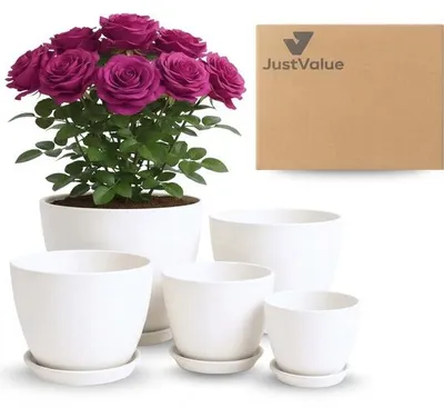 Immagine prodotto di JustValue Set di 5 vasi da fiori bianchi – Con sottovaso – Fori di drenaggio – Ø 12,2–18 cm