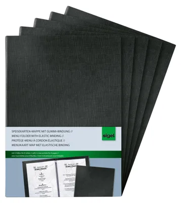 Zdjęcie produktu dla Teczka na karty menu z gumką A4 4 tulejki czarna opakowanie 5 szt