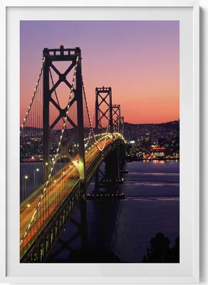 Produktbild von San Francisco Bridge und Sonnenuntergang– Wandbild mit Rahmen – Gerahmtes Bild  – Wanddekoration – 70x100 cm –  Weiß Rahmen