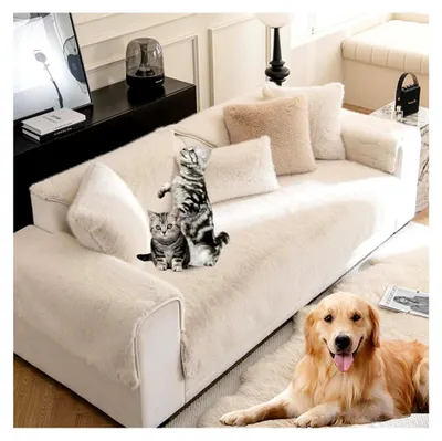 Produktbild von Dicker Kaninchen-Plüsch Sofabezug für 1, 2 und 3-Sitzer, Lustiger Fuzzy Sofabezug mit rutschfester Unterlage, Überzug für L-Form Sofas, Couchüberzug für Haushalte mit Hunden (Beige, 110×180 cm)