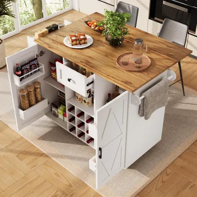 Obrázok produktu pre Kuchynský ostrovček na kolieskach s výklopnou pracovnou doskou, zásuvkami, 2 dvierkami, bielej farby, rozmerov 137,5 x 40 x 95,6 cm