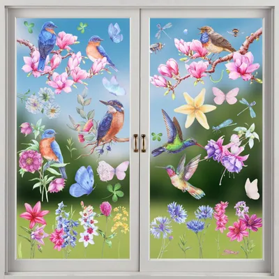 Image de Décorations de fenêtre, thème printemps, oiseaux, autocollantes, 9 feuilles, fleurs, papillons, PVC, 20x30 cm
