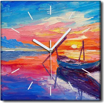 Produktbild von Coloray Uhr auf Leinwand 30x30 cm Wand Uhr Dekoration Wohnzimmer Segeltuch weiße Zeiger -Sonnenuntergangboot
