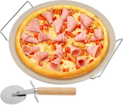 Pizzastein 33 cm mit Metallständer und Schneider, Cordierit