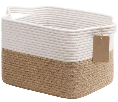 Immagine prodotto di Cesto portaoggetti intrecciato, 34x28x24 cm, bianco, in juta e cotone, con maniglie