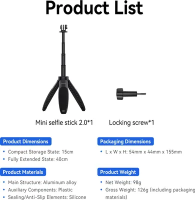 Produktbild von TELESIN S1-MNP-01 Selfie-Stick fuer Sportkameras, Stativstaender aus Aluminiumlegierung, 40 cm max. Hoehe, Ersatz fuer GoPro 13/12/11/10/9, Vlog, Live-Streaming, Selfie-Videoaufzeichnung