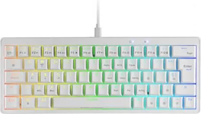 A white mechanical keyboard with RGB backlighting is shown from a top-down perspective against a white background.