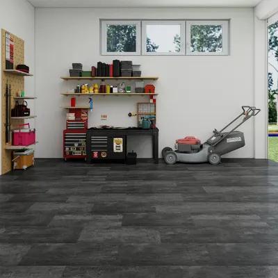 Obrázok produktu pre Samolepiaci PVC podlahový obklad, efekt betónu, rozmer 60,96 x 30,48 cm, hrúbka 1,5 mm, výplň 2,23 m², farba: čierna