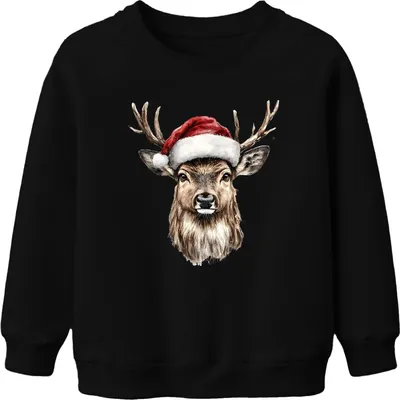 Produktbild von Weihnachten Rentier Santa Hut Geschenk Aquarell Vintage Uni Kinder Sweatshirt Pullover, Schwarz, 104