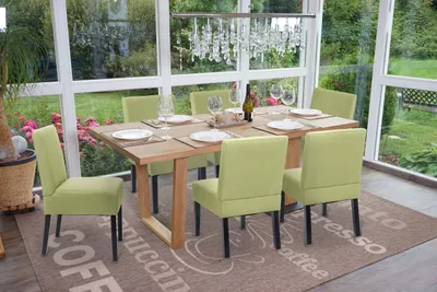 A dining room set with chairs and a table in a sunroom setting, with a garden visible through the windows.