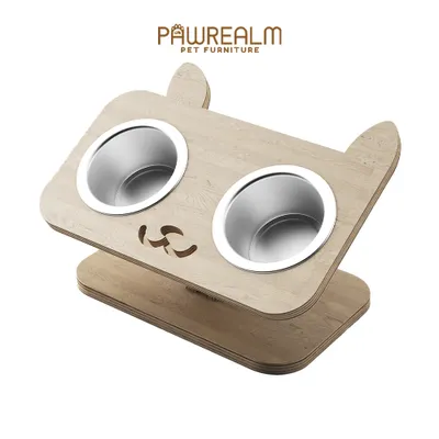 Produktbild von Pawrealm 2x Katzennapf Futternapf 2 Stück im Set - Fressnapf Premium aus Edelstahl mit Birkenholz verstellbarer Ständer - Erhöhter Futternapf Katze