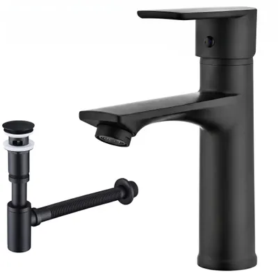 Produktbild von Homelody Wasserhahn Bad Schwarz Einhebelmischer mit Siphon Pop Up Ablaufgarnitur Überlauf Röhrensiphon