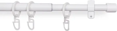 A white curtain rod with rings and hooks against a white background.