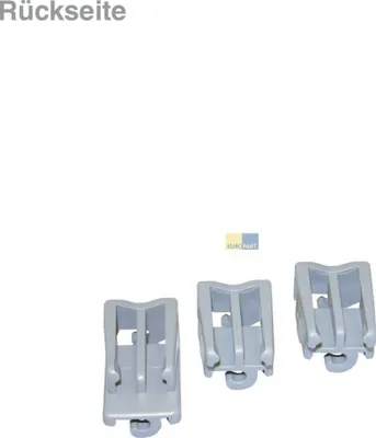 Three grey plastic clips for a dishwasher rack, displayed on a white background. The text 'Rückseite' is visible in the top left corner.
