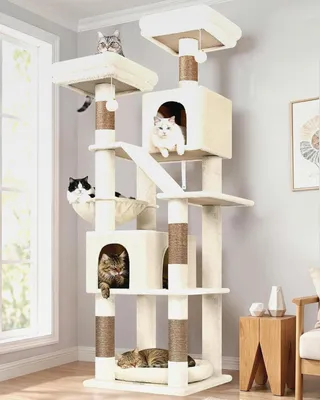 Produktbild von Kratzbaum Ecke Hoch 189 cm mit 2 Katzenhaus, 2 Gepolsterte Sitzstangen, Katzenkorb VergröBern, Sisal Kratzbrett, Hundebett, Katzenbaum XXL Stabil fur Katzen Spielen Innen (F74D, Beige)