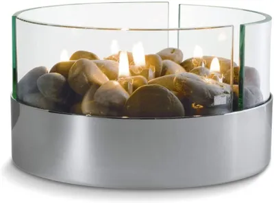 Produktbild von Tischkamin aus Glas und Stahl mit Kieselsteinen, für Lampenöl