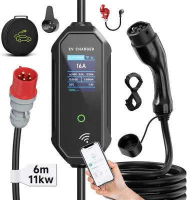 Obrázek produktu pro Mobilní nabíječka pro elektromobily, typ 2, 11 kW, třífázová, délka kabelu 6 metrů, proudové zatížení 8-16A, s LCD displejem
