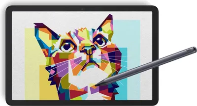 A tablet displaying a colorful geometric cat illustration, with a stylus hovering over the screen.