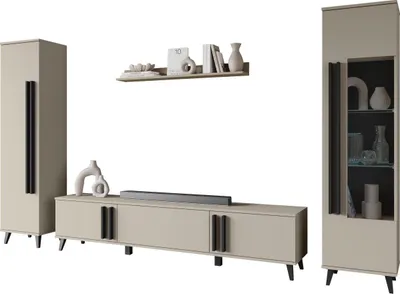Produktbild von MIRJAN24 Wohnwand Helsinki II, TV-Möbel, Große Anbauwand, Schrankwand, Wohnzimmer-Set (Farbe: Congo + Schwarzer Graphit, ohne Beleuchtung)
