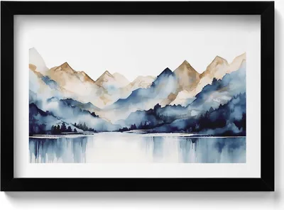 Produktbild von Aquarelllandschaft mit Bergen und See– Wandbild mit Rahmen – Gerahmtes Bild  – Wanddekoration – 30x20 cm –  Schwarz Rahmen