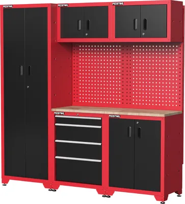 A red and black metal workshop cabinet system with pegboard backing.