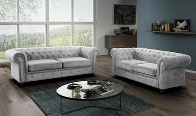 Produktbild von Easy4You Chesterfield Silber Velvet Set 3-Sitzer + 2-Sitzer Sofa Sofas für Wohnzimmer Sofagarnituren mit Holzfüße Set Sofas & Couches