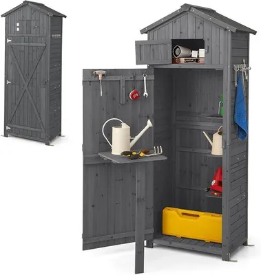 Imagen del producto de Casa de herramientas de madera, armario de jardín para exteriores, resistente a la intemperie, cobertizo para herramientas con mesa plegable y 8 ganchos, casa de jardín con techo a dos aguas, armario para herramientas, cobertizo de jardín, casa de madera, cobertizo de madera (gris)