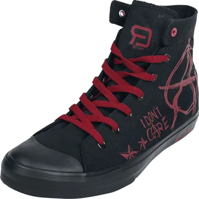 A single black high-top sneaker with red laces and red graphic prints.