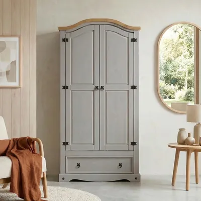 Produktbild von Kleiderschrank RAMON Garderobenschrank Mexiko Möbel Kiefer massiv,grau/gebeizt,gewachst, 2 Türen und 1 Schublade