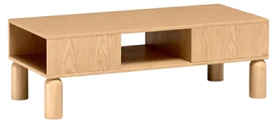 Produktbild von Couchtisch - 110 x 50 cm - Wohnzimmertisch - Bookmatch Eiche - Kaffeetisch mit Ablage und Fach - Holzfüße - SANDEN