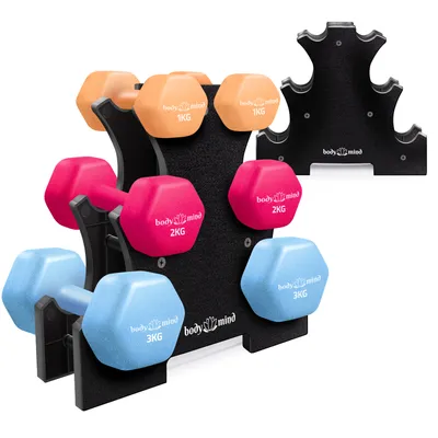 Immagine prodotto di Set di manubri in neoprene Body & Mind, 6 pezzi (2 da 1 kg, 2 da 2 kg, 2 da 3 kg), con supporto a 3 ripiani, manubri per fitness e allenamento della forza