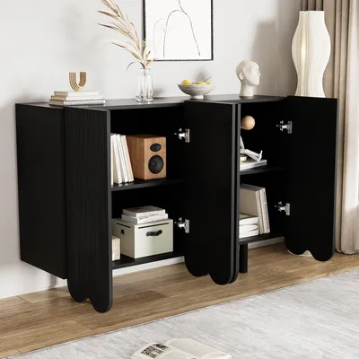 Image de MODFU Buffet Contemporain 4 Portes Sculptées, Design Goutte d'Eau - Meuble en Panneaux de Particules - Noir - 120x37,5x80,8 cm