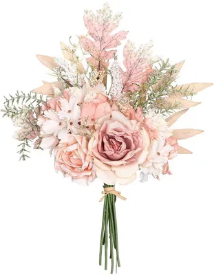 Productafbeelding van Ibenzoa® Kunstboeket van hortensia's – Zijdeachtige kunstbloemen in roze-champagnekleur, ongeveer 38 cm, stelen van flexibel kunststof met een metalen kern, ideaal voor op tafel en voor bruiloften