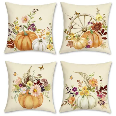Productafbeelding van Set van 4 kussenhoezen, herfstmotief, pompoen, 45x45 cm, fluweel, zachte decoratie