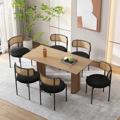 Produktbild von Flieks Rattanstuhl Esszimmerstühle 6er Set mit Metallbeinen, Wohnzimmerstühle Polsterstühle mit Samtbezug, Essstuhl Küchenstuhl, Schwarz