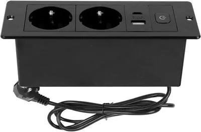 Obrázek produktu pro Černá zapuštěná zásuvka se 2 USB porty, kabel 15 m, do nábytku