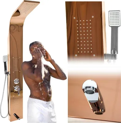 Obrázek produktu pro Sprchový panel, baterie, dešťová sprcha, hydromasáž, růžové zlato, ANTI-CALC, ocel