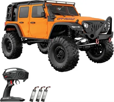 Obrázek produktu pro Auto na dálkové ovládání, měřítko 1:10, 2,4 G, 4WD, elektrické pásové vozidlo, dobíjecí terénní vozidlo s LED světly, 3 baterie, hračka, dárky pro chlapce, dívky, děti, oranžová barva