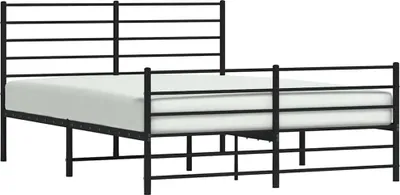 A black metal bed frame with a white mattress is shown against a white background.