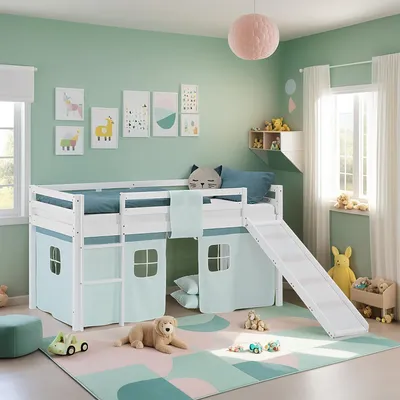 Obrázek produktu pro Homestyle4u dětská podkrovní postel 90x200 posuvná záclona zelená dětská postel bílé dřevo