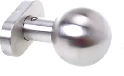 A close-up studio shot of a silver-colored spherical door knob attached to a rectangular base, against a white background.