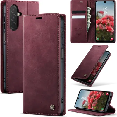 Image de Etui en cuir pour Samsung Galaxy A26 5G, protection RFID, fermeture magnétique, fentes pour cartes et fonction stand Rouge