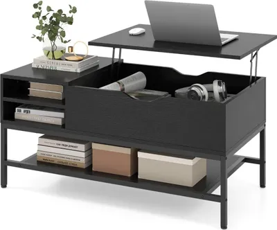 Image de Table basse relevable avec rangement dissimulé, bois noir