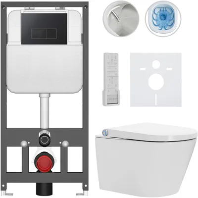 Productafbeelding van Wandtoilet met bidet, Basic/Cronus Premium - wit, glanzend - toiletknop Modulo/zwart - wandmodel - voorwandinstallatie - 59,3 x 38,4 cm