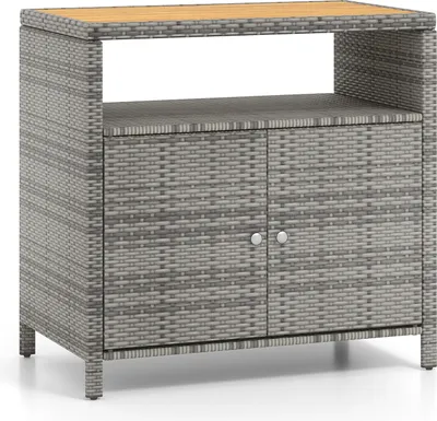 Image de COSTWAY Armoire de jardin en rotin, armoire buffet en rotin avec plan de travail en acacia & compartiment ouvert, armoire de rangement à 2 portes 90x53x86cm Gris
