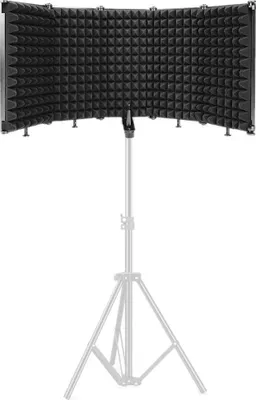 A black acoustic isolation shield mounted on a tripod stand against a white background.
