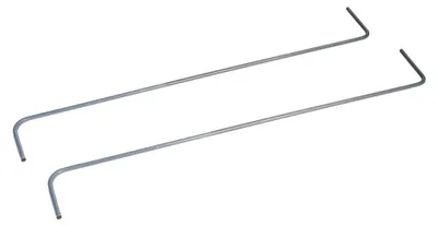 Two metal rods with right-angle bends at one end, laid out diagonally on a white background.