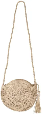 Zdjęcie produktu dla Uniqoos® Damska torba na ramię, ręcznie tkana z naturalnej słomy, z frędzlami, zamkiem, w kolorze beżowo-khaki, wymiary 24 x 20 cm, pasek 60 cm