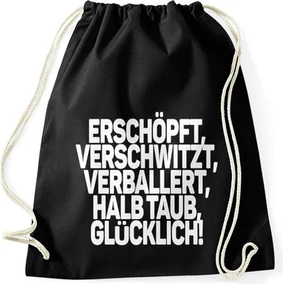 Produktbild von Turnbeutel Spruch lustig Stoffbeutel erschöpft verschwitzt verballert halbtaub glücklich Gymbag Spruch feiern Moonworks® schwarz unisize